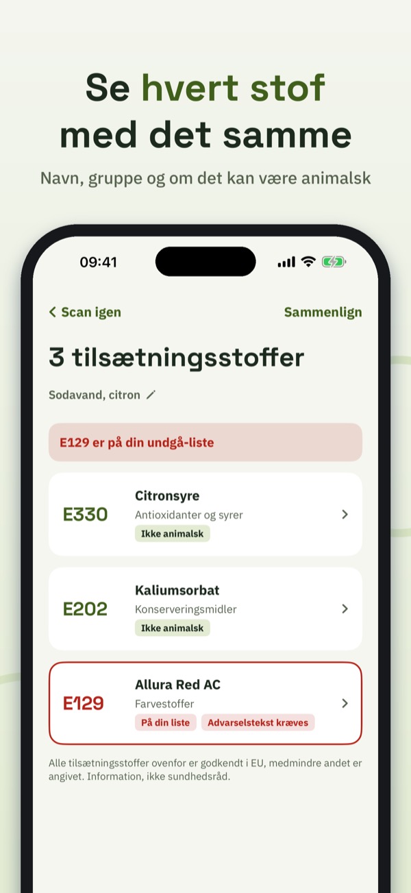 E-numre – E-tjek – Screenshot 2