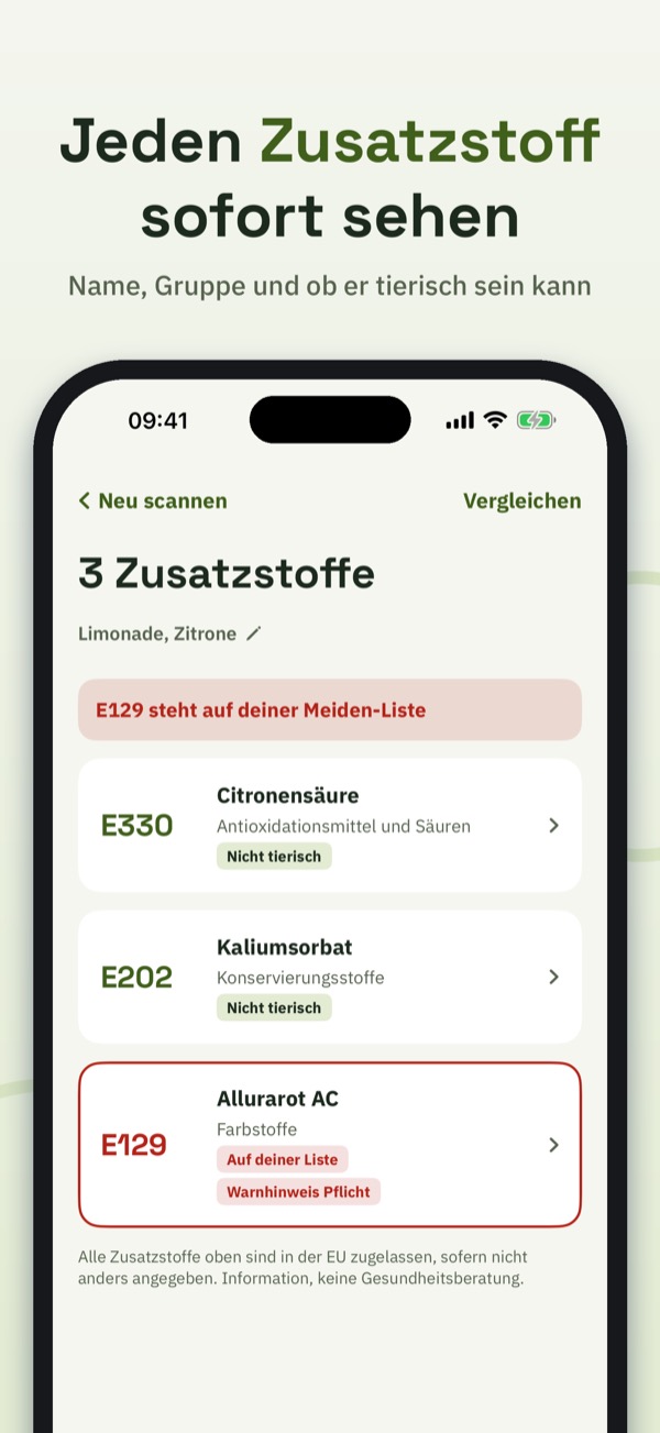 E-Check – Zusatzstoffe – Screenshot 2