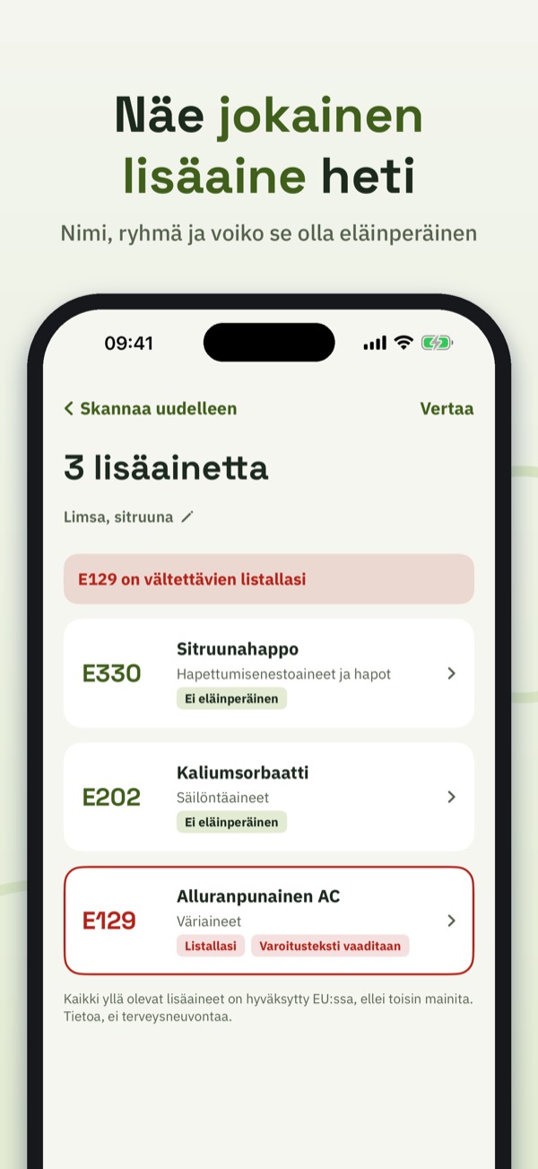 E-koodit – lisäaineet – Screenshot 2